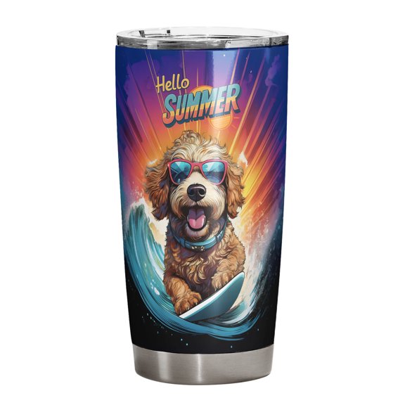 Retro Surfing Goldendoodle in Cool Sunglasses Hello Summer Waves 20oz Stainless Steel Tumbler Insulated Cup with Lid Doodle Dog Lover Gifts Idea - 10001