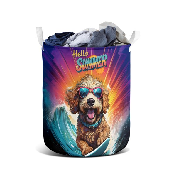 Retro Surfing Goldendoodle in Cool Sunglasses Hello Summer Waves Foldable Laundry Basket Doodle Dog Lover Gifts Idea Organizer Storage with Handles - 10001