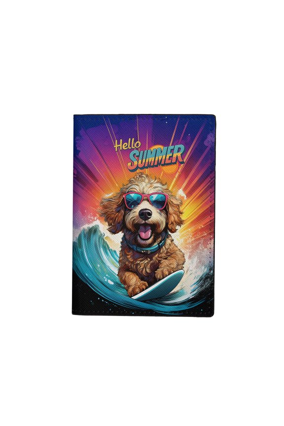 Retro Surfing Goldendoodle in Cool Sunglasses Hello Summer Waves Travel Passport Wallet Doodle Dog Lover Gifts Idea PU Leather Passport Holder Cover - 10001