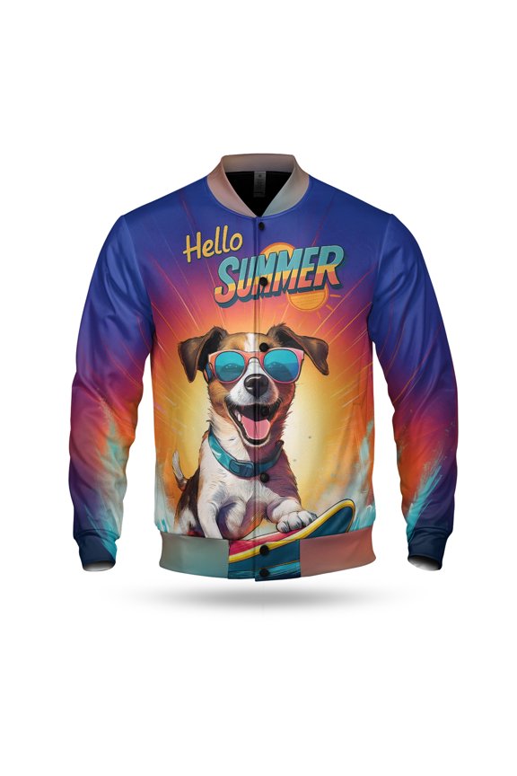 Retro Surfing Jack Russell Terrier in Cool Sunglasses Hello Summer Waves All Over Print 3D Baseball Jacket Parson Jack Dog Lover Bomber Jacket Softball - 10001