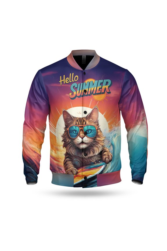 Retro Surfing Maine Coon in Cool Sunglasses Hello Summer Waves All Over Print 3D Baseball Jacket Cat Lover Kitten Owner Gifts Bomber Jacket Softball - 10001