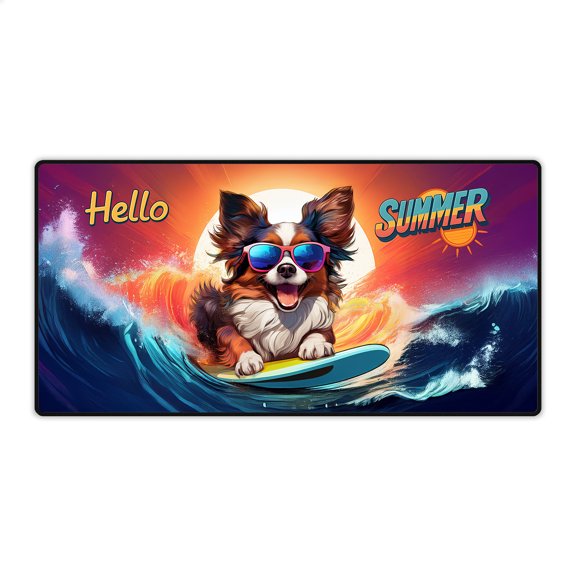 Retro Surfing Papillon in Cool Sunglasses Hello Summer Waves Desk Mat Full Keyboard Mouse Pad Pap Butterfly Dog Lover Large Mousepad - 10001