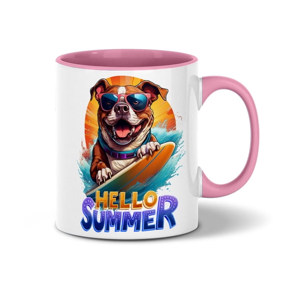 Retro Surfing Pitbull in Cool Sunglasses Hello Summer Waves 11oz Accent Two-tone Mug Terrier Dog Lover Coffee Tea Cup - 10001