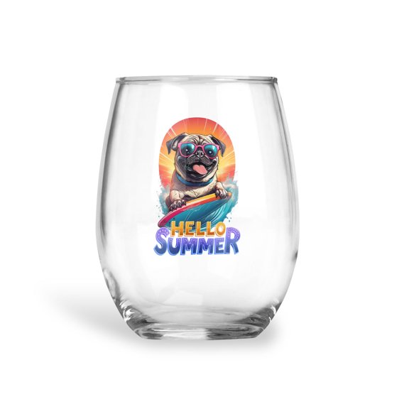 Retro Surfing Pug in Cool Sunglasses Hello Summer Waves 15oz Stemless Wine Glass Mug Dog Lover Gifts Wine Glasses Cup - 10001