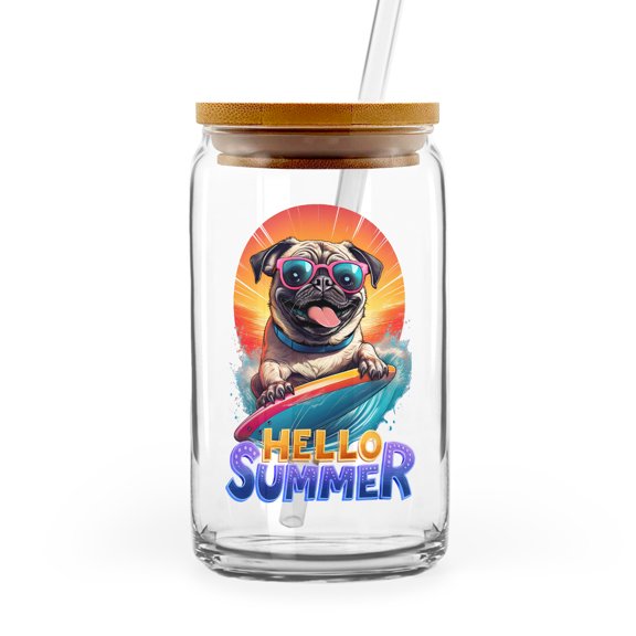 Retro Surfing Pug in Cool Sunglasses Hello Summer Waves 16oz Glass Cup Mug Dog Lover Gifts Glass Can with Bamboo Lid and Straw - 10001