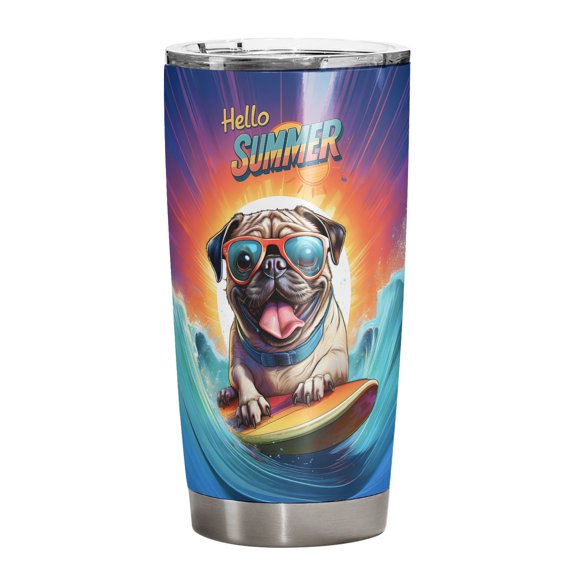 Retro Surfing Pug in Cool Sunglasses Hello Summer Waves 20oz Stainless Steel Tumbler Insulated Cup with Lid Dog Lover Gifts - 10001
