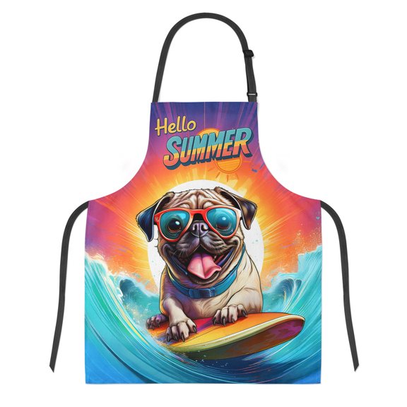 Retro Surfing Pug in Cool Sunglasses Hello Summer Waves Apron Dog Lover Gifts for Cooking Grilling Baking Painting Gardening - 10001