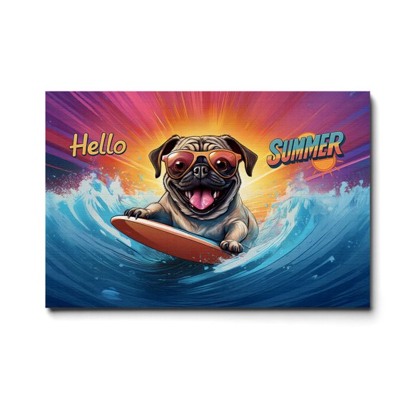 Retro Surfing Pug in Cool Sunglasses Hello Summer Waves Horizontal Matte Canvas Poster Dog Lover Gifts Wall Art Home Decor - 10001