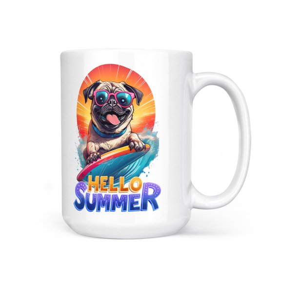 Retro Surfing Pug in Cool Sunglasses Hello Summer Waves Mug Dog Lover Gifts Coffee Tea Cup - 10001