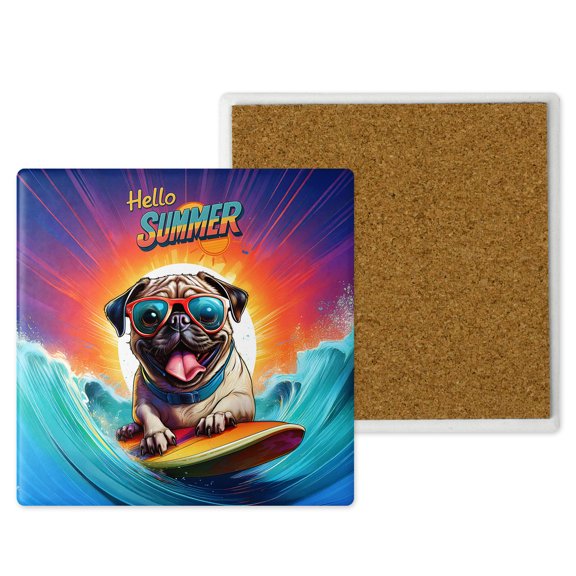 Retro Surfing Pug in Cool Sunglasses Hello Summer Waves Set of 4 Stone Coasters Dog Lover Gifts 4x4in Absorbent Soapstone Coaster - 10001