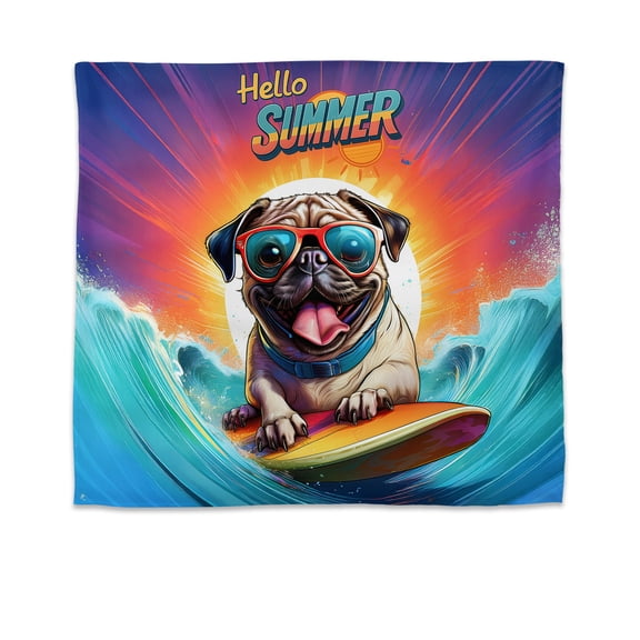 Retro Surfing Pug in Cool Sunglasses Hello Summer Waves Tapestry Dog Lover Gifts Wall Hanging Backdrop Home Decor - 10001