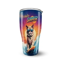 Retro Surfing Ragdoll in Cool Sunglasses Hello Summer Waves 30oz Stainless Steel Tumbler Insulated Cup with Lid Cat Lover Kitten Owner Gifts Idea - 10001