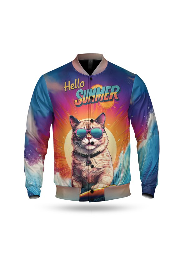 Retro Surfing Ragdoll in Cool Sunglasses Hello Summer Waves All Over Print 3D Baseball Jacket Cat Lover Kitten Owner Gifts Idea Bomber Jacket Softball - 10001