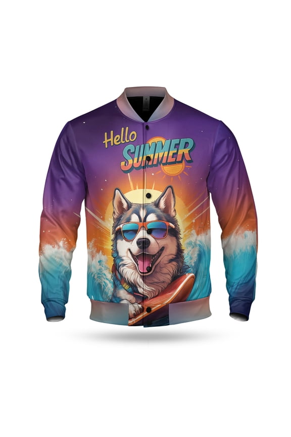 Retro Surfing Siberian Husky in Cool Sunglasses Hello Summer Waves All Over Print 3D Baseball Jacket Husky Dog Lover Gifts Bomber Jacket Softball - 10001
