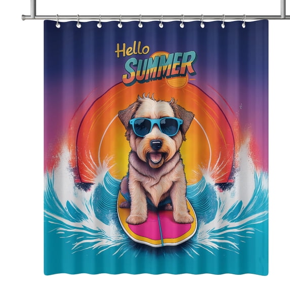 Retro Surfing Soft Coated Wheaten Terrier in Cool Sunglasses Hello Summer Waves Shower Curtain Wheatie Dog Lover Waterproof Bathroom Bathtub Curtain - 10001
