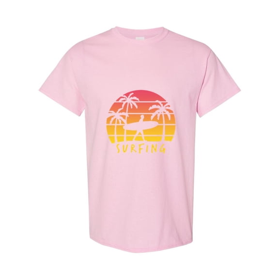 Retro Surfing Sunset Summer Beach Surfboard Graphic Art T-Shirt, for men & women, up to size 5XL
