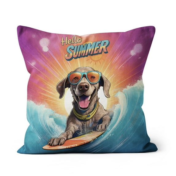 Retro Surfing Weimaraner in Cool Sunglasses Hello Summer Waves Pillow Cushion Double Sided Weim Gray Ghost Dog Lover Throw Pillow - 10001