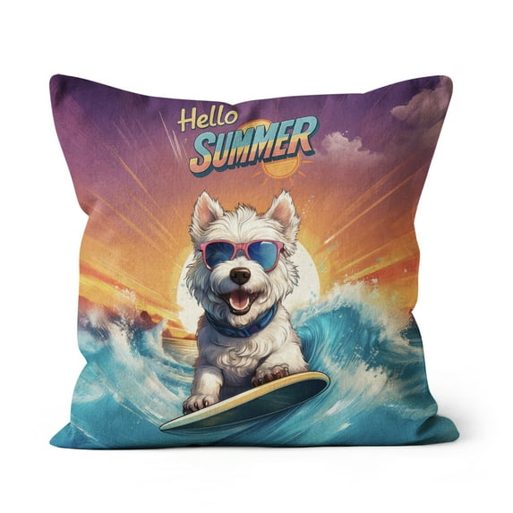 Retro Surfing West Highland White Terrier in Cool Sunglasses Hello Summer Waves Pillow Cushion Double Sided Westie Westy Dog Lover Throw Pillow - 10001