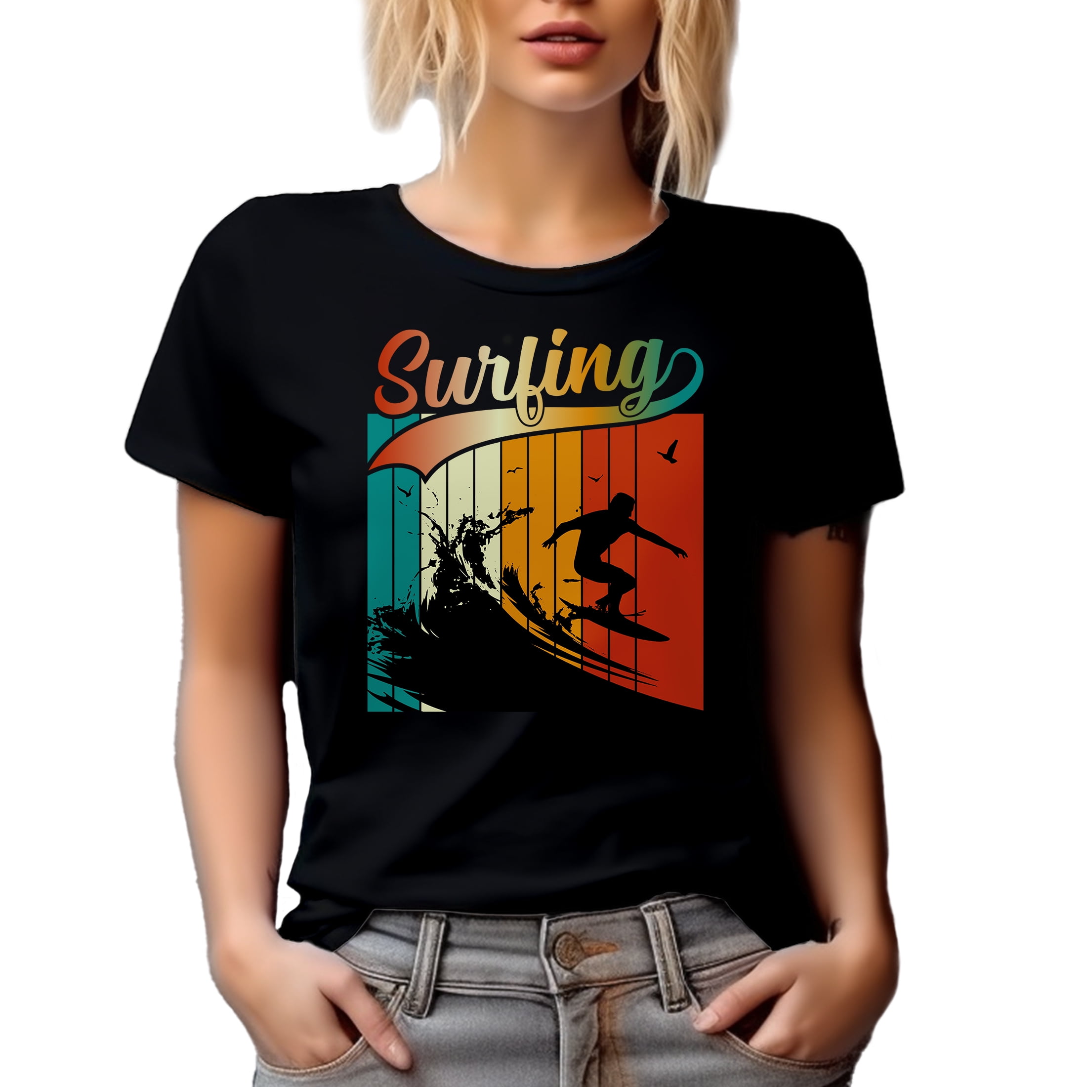 Retro Surfing feat. a Surfer Art, Black T-Shirt, XL