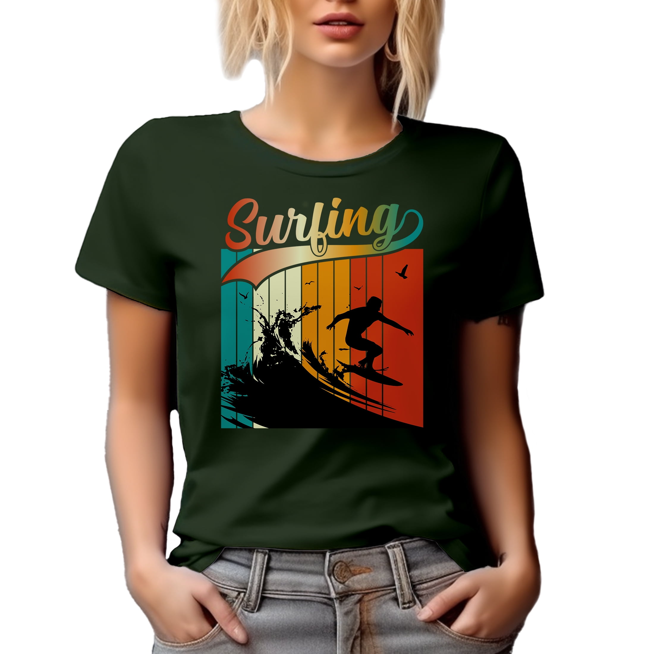 Retro Surfing feat. a Surfer Art, Military Green T-Shirt, Large
