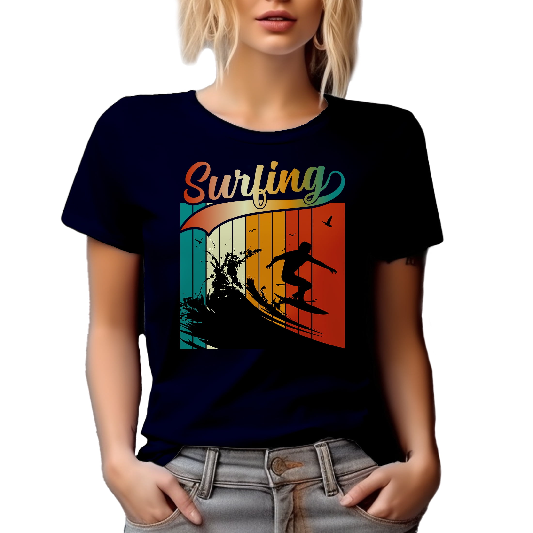 Retro Surfing feat. a Surfer Art, Navy Blue T-Shirt, 2XL