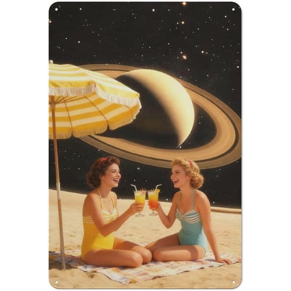 Retro Surreal Cosmic Beach Friends Toast Metal Tin Sign, 8x12 Inch Vintage Summer Collage Wall Art Plaque for Home, Bedroom, Office Decor