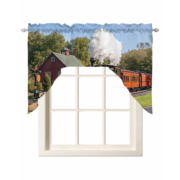 Retro Swag Valances for Windows 56 x 36 Train Motor Vehicle Building Sky Grass Country Scenery Rod Pocket Light Filtering Window Topper for Kitchen Bathroom Bedroom Living Room
