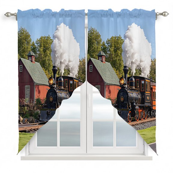 Retro Swag Valances for Windows 63 inches Long, Train Motor Vehicle Building Sky Grass Country Scenery Swag Curtains Privacy Light Filtering Curtain Tiers for Kitchen Bathroom 36" W x 63" L, 2 Panels