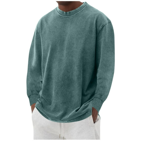 Retro Sweatshirt Men Long Sleeve Shirts Top Crewneck Breathable Workout Athletic Shirt Loose Fit Casual Pullover Vintage Denim Washed Sweatshirts