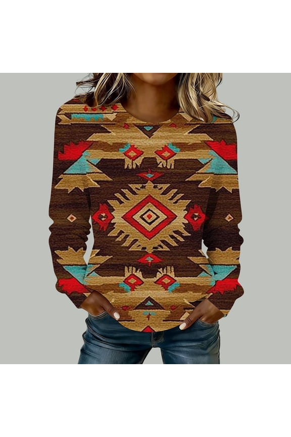 Retro Sweatshirt for Women Tribal Pattern Graphic Print Crewneck Long Sleeve Classic Relaxed Fit Casual Cozy Pullover Southwest Bohemian Fashion Clothes