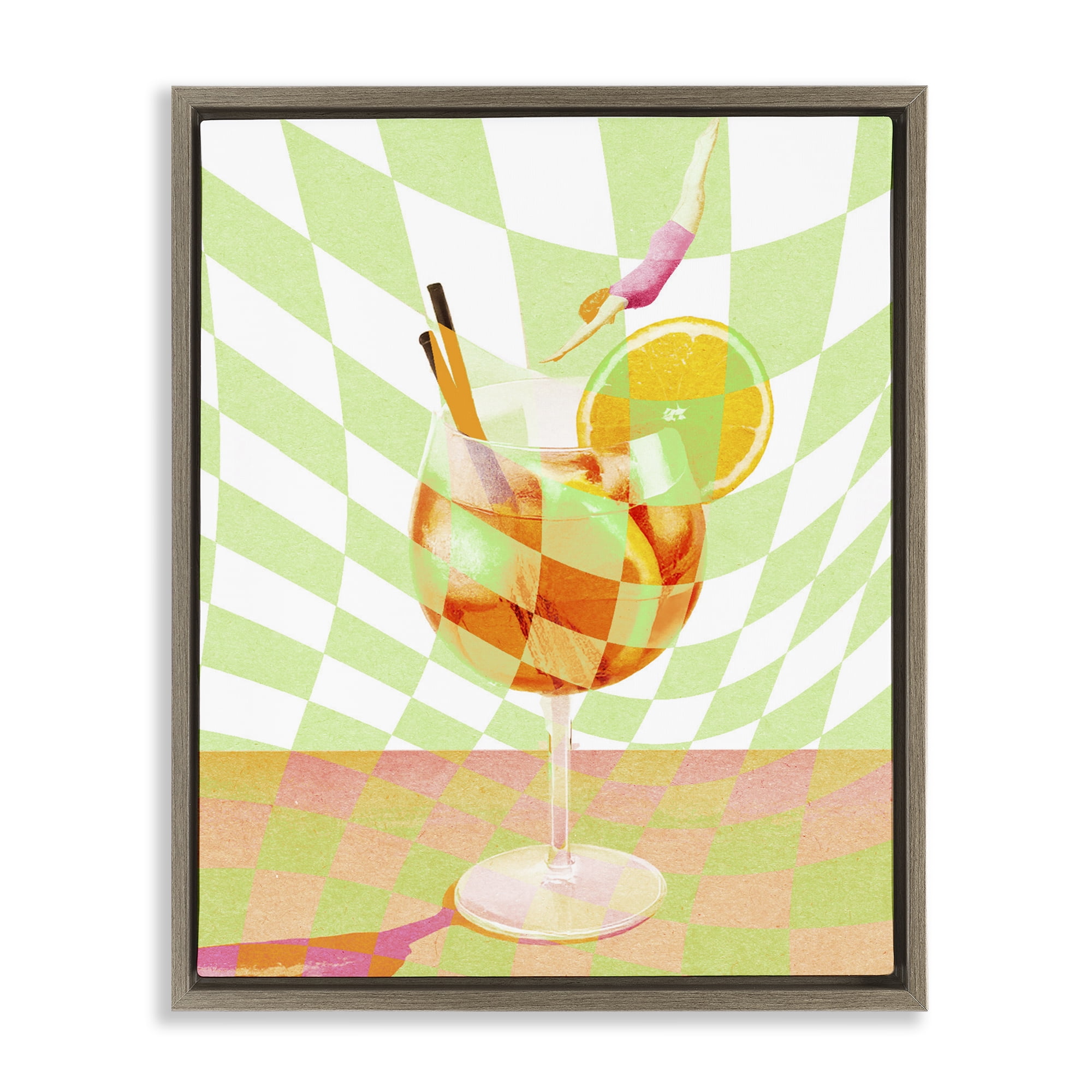 Retro Swimmer Summer Cocktail Brown Framed Floater Canvas Wall Art, design by Lil' Rue