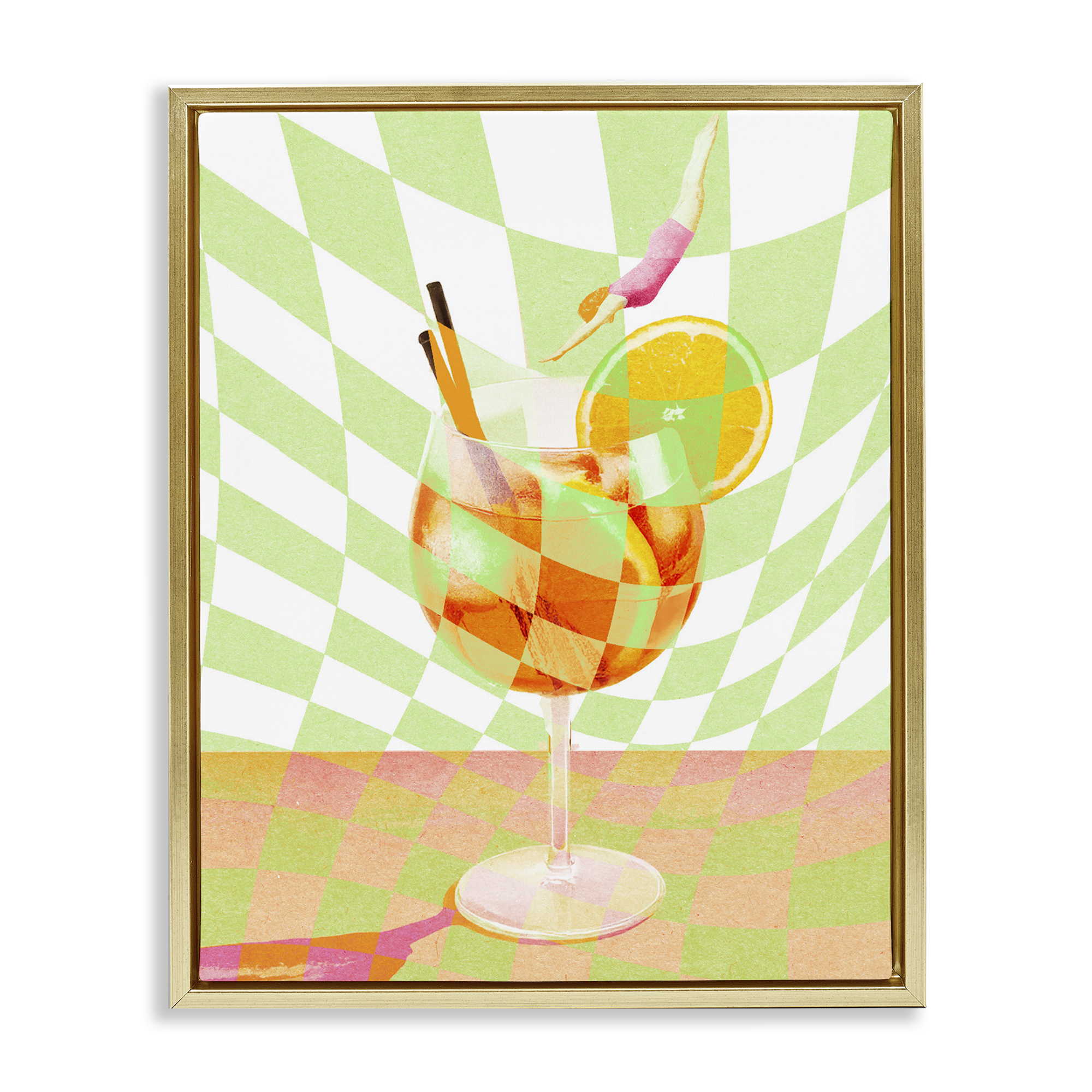 Retro Swimmer Summer Cocktail Gold Framed Floater Canvas Wall Art, design by Lil' Rue