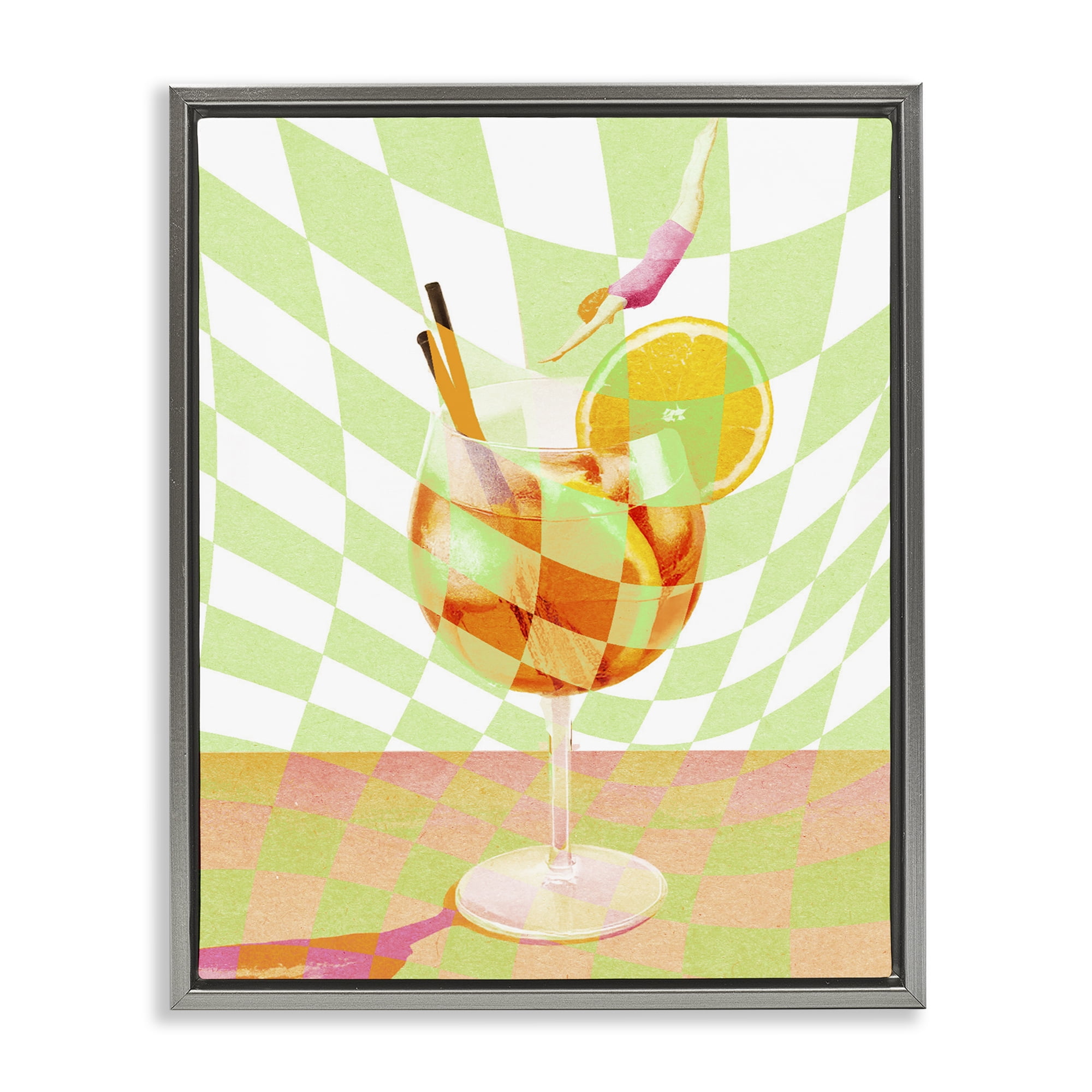 Retro Swimmer Summer Cocktail Gray Framed Floater Canvas Wall Art, design by Lil' Rue