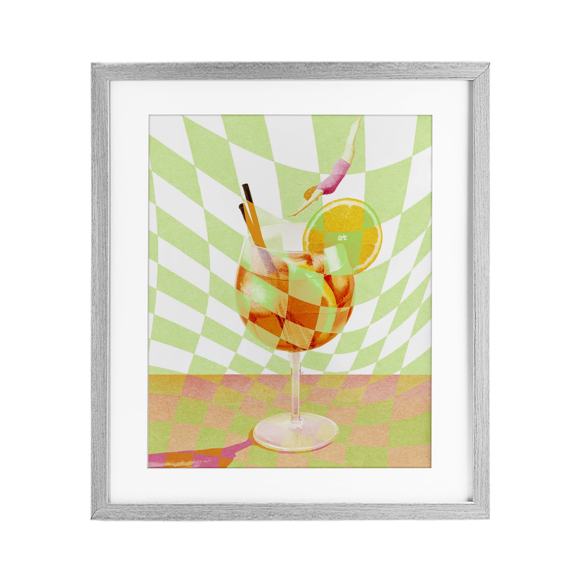 Retro Swimmer Summer Cocktail Gray Framed Print Under Glass, design by Lil' Rue