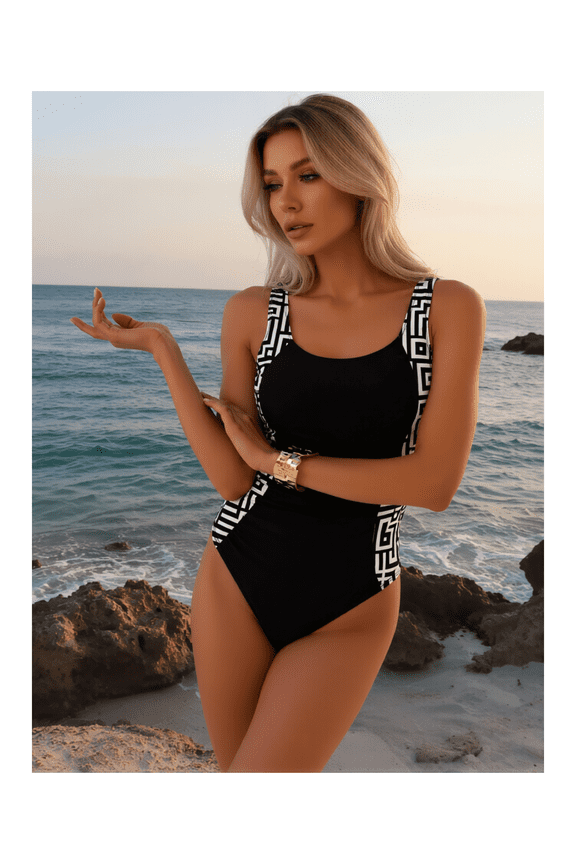 Retro Swimsuit for Women - Chic Monochrome One Piece Swimwear Strappy Cutout Bathing Suit Sexy Vintage Swimsuits for Teens 80s 90s Style