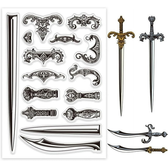 Retro Sword Clear Stamps for Cards Making Vintage Floral Sword Hilt Clear Stamp Seals Transparent Stamps for DIY Scrapbooking Photo Album Journal Home Decoration for DIY