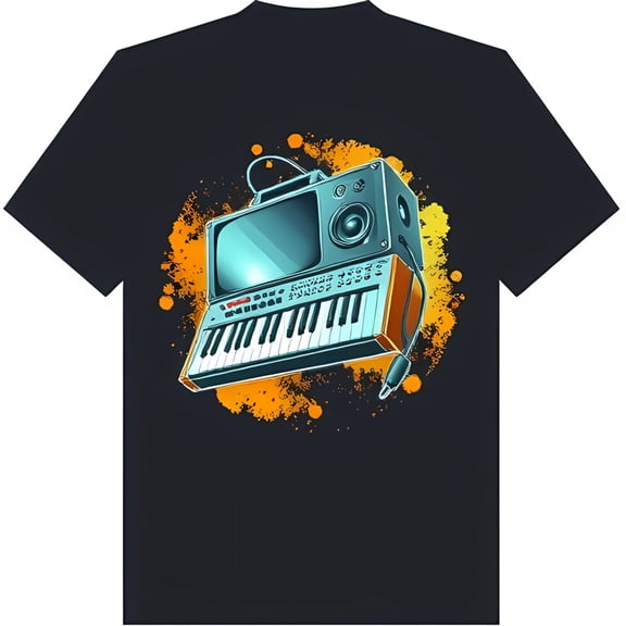 Retro Synthesizer Graphic Black T-Shirt with Colorful TV Screen Design