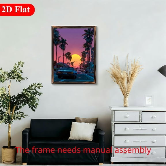 Retro Synthwave Aesthetic 12x16 Inch Framed Wood Wall Art, Palm Tree Sunset Street Scene with Car 1pc for Bedroom Living Room Decor
