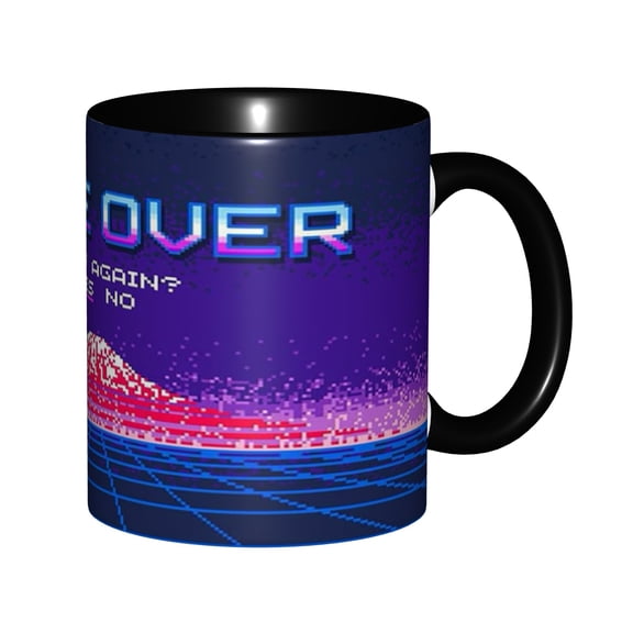 Retro Synthwave Game Over Mount Fuji Pixel Art Ceramic Mug 11oz, 80s Arcade Grid Landscape, Microwave & Dishwasher Safe Gift for Retro Video Game Fans