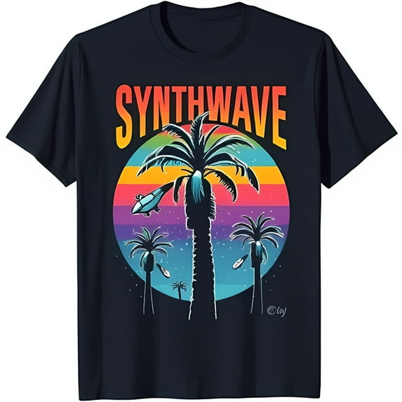 Retro Synthwave Graphic Tee Black T-Shirt with Tree & UFO Design
