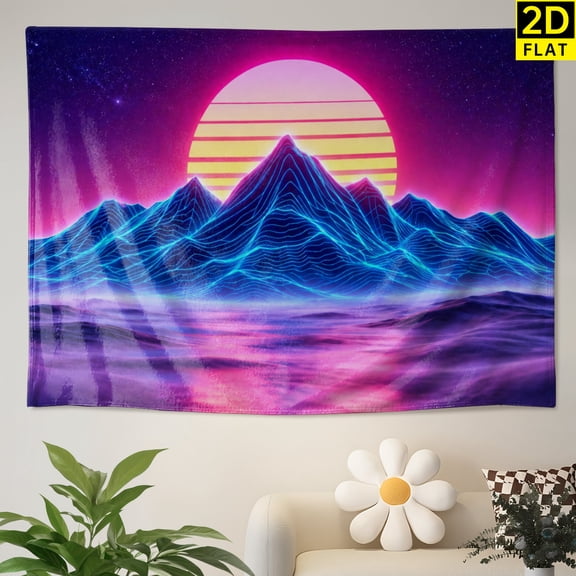 Retro Synthwave Mountain Wall Tapestry Neon Sunset Vaporwave Landscape Wall Hanging Decor for Bedroom Living Room Dorm
