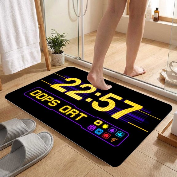 Retro Synthwave Neon Digital Clock Non-Slip Doormat, Bedroom Kitchen Tech Aesthetic Accent Rug, Thanksgiving Christmas Gift