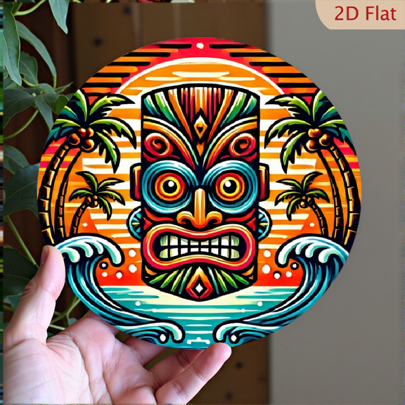 Retro Synthwave Tiki Mask Metal Wall Art, Tropical Sunset Circular Aluminum Sign, 8x8 Inch Decorative Island Theme Plaque for Home Decor