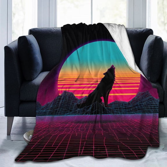 Retro Synthwave Wolf Throw Blanket, 80s Neon Sunset Art Soft Flannel Fleece, Vaporwave Aesthetic Decor for Bedroom and Gaming Room 50x40
