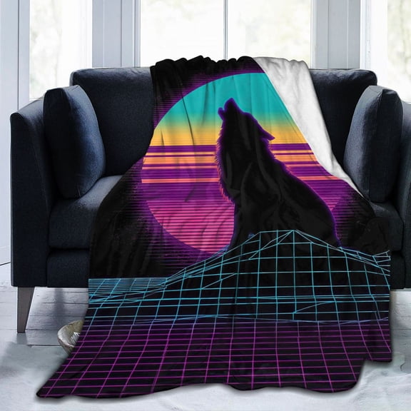 Retro Synthwave Wolf Throw Blanket, 80s Neon Sunset Art Soft Flannel Fleece, Vaporwave Aesthetic Decor for Bedroom and Gaming Room 50x40