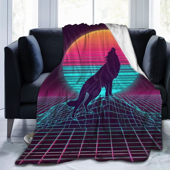 Retro Synthwave Wolf Throw Blanket, 80s Neon Sunset Art Soft Flannel Fleece, Vaporwave Aesthetic Decor for Bedroom and Gaming Room 50x40