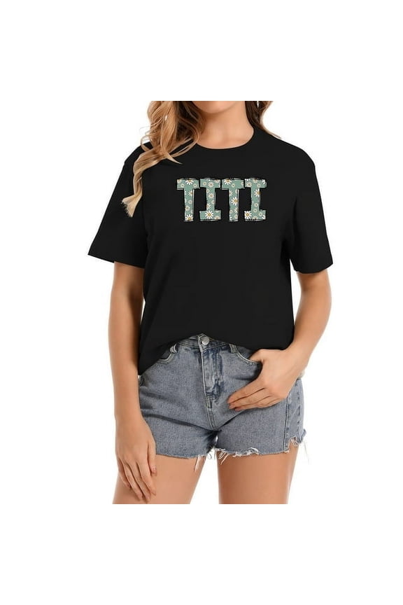 Retro TITI Floral Daisy Print Women's Black T-Shirt Cute Aunt Life Graphic Tee Short Sleeve Casual Summer Top Gift for Her