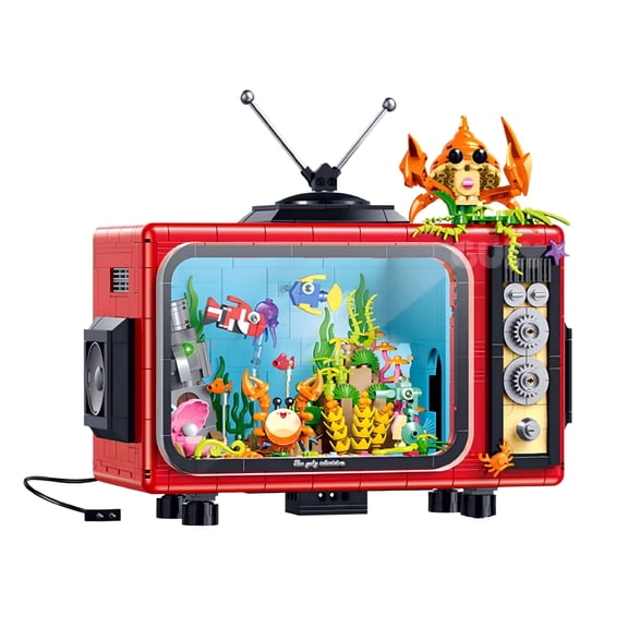 Retro TV Aquarium Building Block Set with LED Undersea Scene, Creative Birthday Gift, Home Office Table Centerpiece