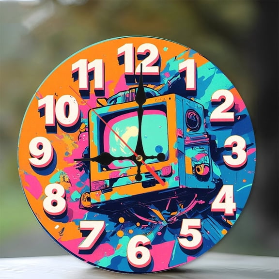Retro TV Clock Wall Art Colorful Graffiti 10-Inch Silent Wooden Wall Clock, Battery Operated (AA Batteries Not Included), Artistic Home Decor