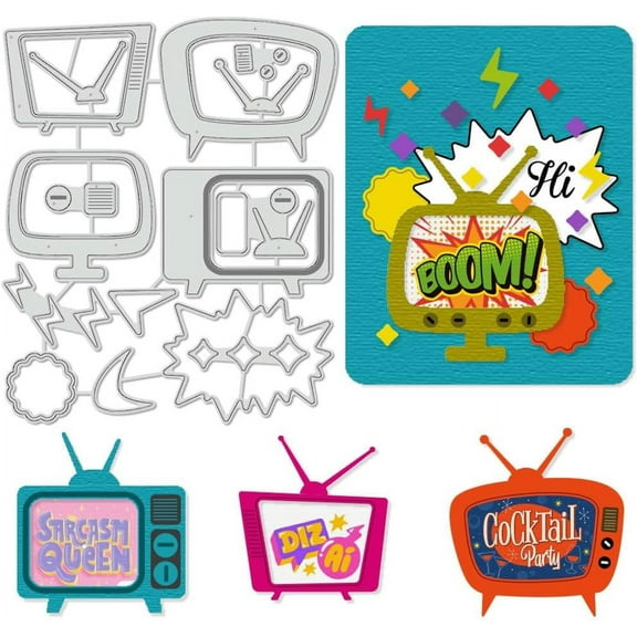 Retro TV Cutting Dies Stencils Frame Lightning Antenna Carbon Steel Embossing Tool Die Cuts Metal Templates for DIY Scrapbooking Photo Album Decorative Embossing Silver